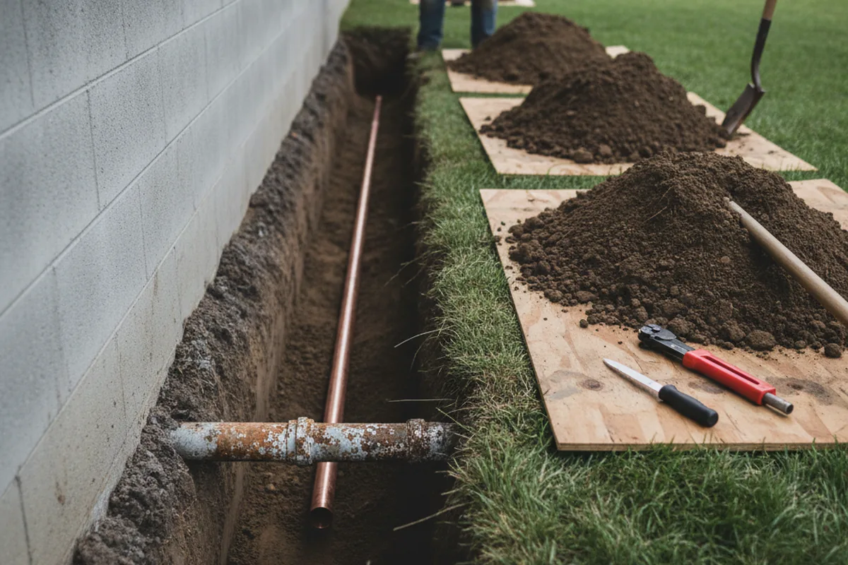 Excavated water line trench during Water Softener Installation in Thorsby